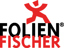 Logo Selbstklebefolien Günstig: Stilisiertes rotes Folienmännchen läuft über Firmenschriftzug FolienFischer